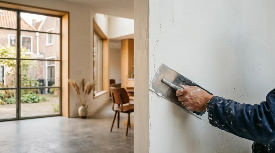 Illustratie: stukadoor strijkt een wand glad met een spaan